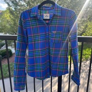 Hollister Blue Green Plaid Flannel Shirt | Women's Size S | 100% Cotton